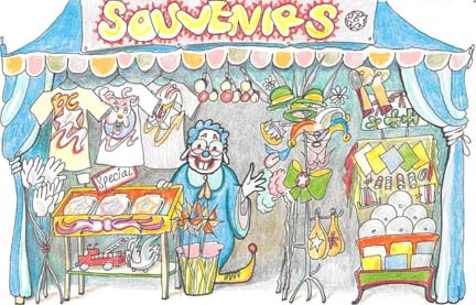 The Souvenir booth is the place to buy books, toys, and costumes from the Bump's Circus!