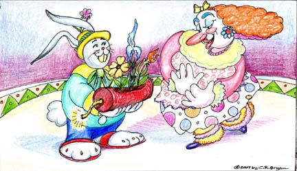 The Rabbit -clown Bif-Bof offers a fire-cracker disguised as a flower-box to a female clown in a frilly costume.