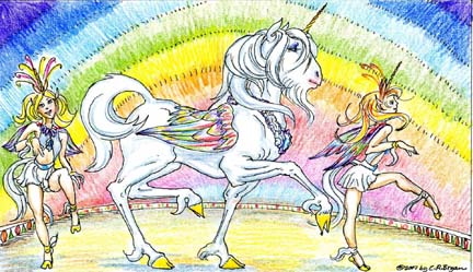 Frea the Unicorn wears the powerful necklace, Brisinghame, and her many-feathered cloak of magic as he dances with young women who love her.