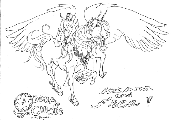 Azam the Young Pegasus spreads his wings behind Frea the Unicorn. They are sharing a moment ,waiting for you to color their picture.