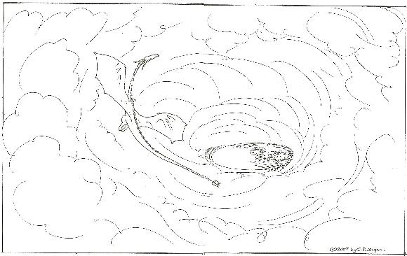 Mortimer and you fly in the eye of a hurricane. Far below you can see an island in the Ocean.